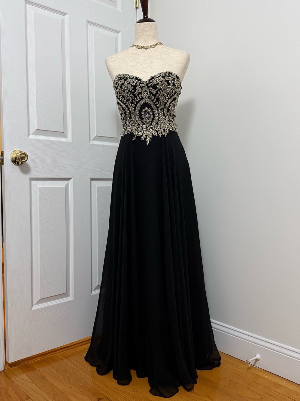 Strapless Black Evening Gown with Gold Embellished Bodice